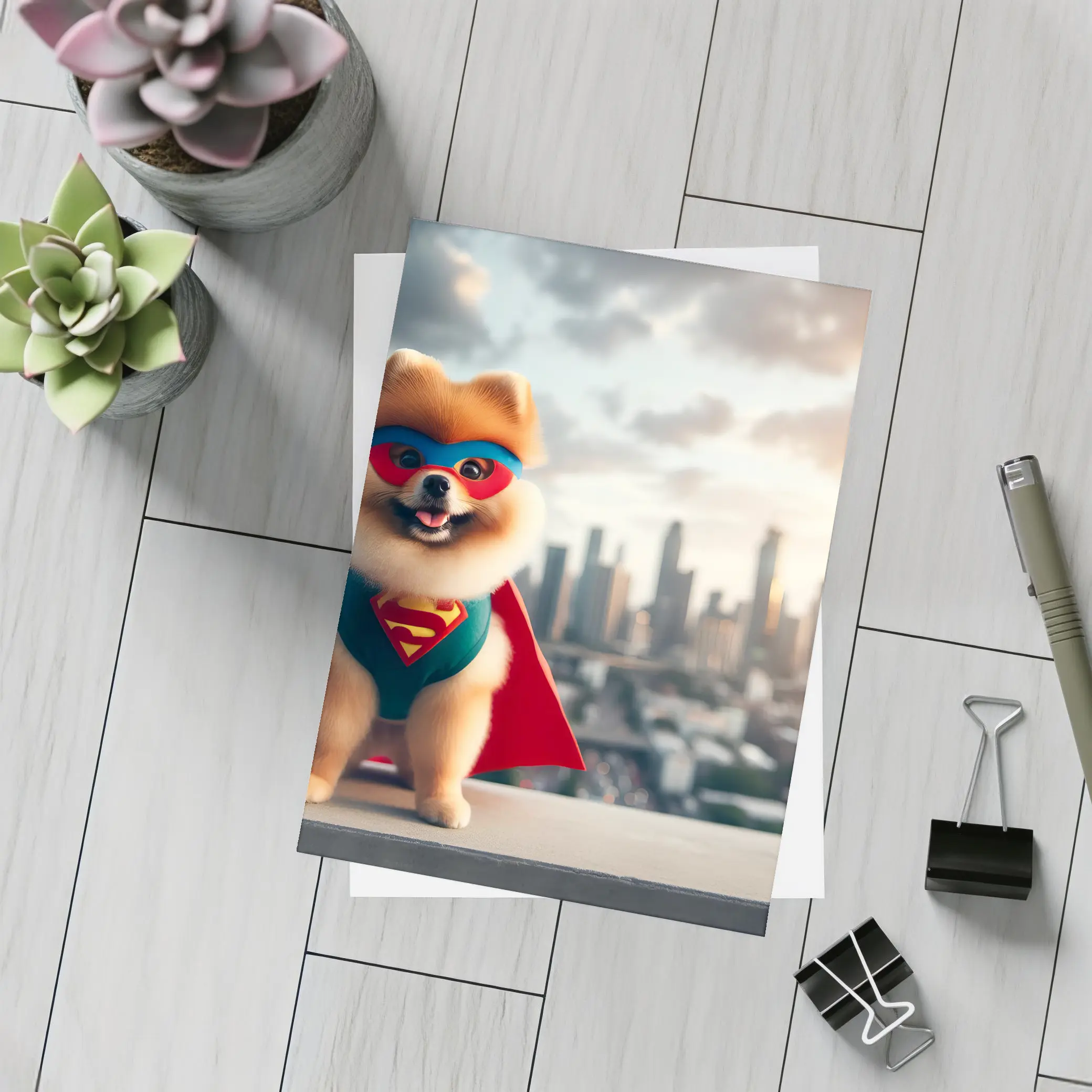 Pomeranian Superhero Cape City Skyline Background – Postcards