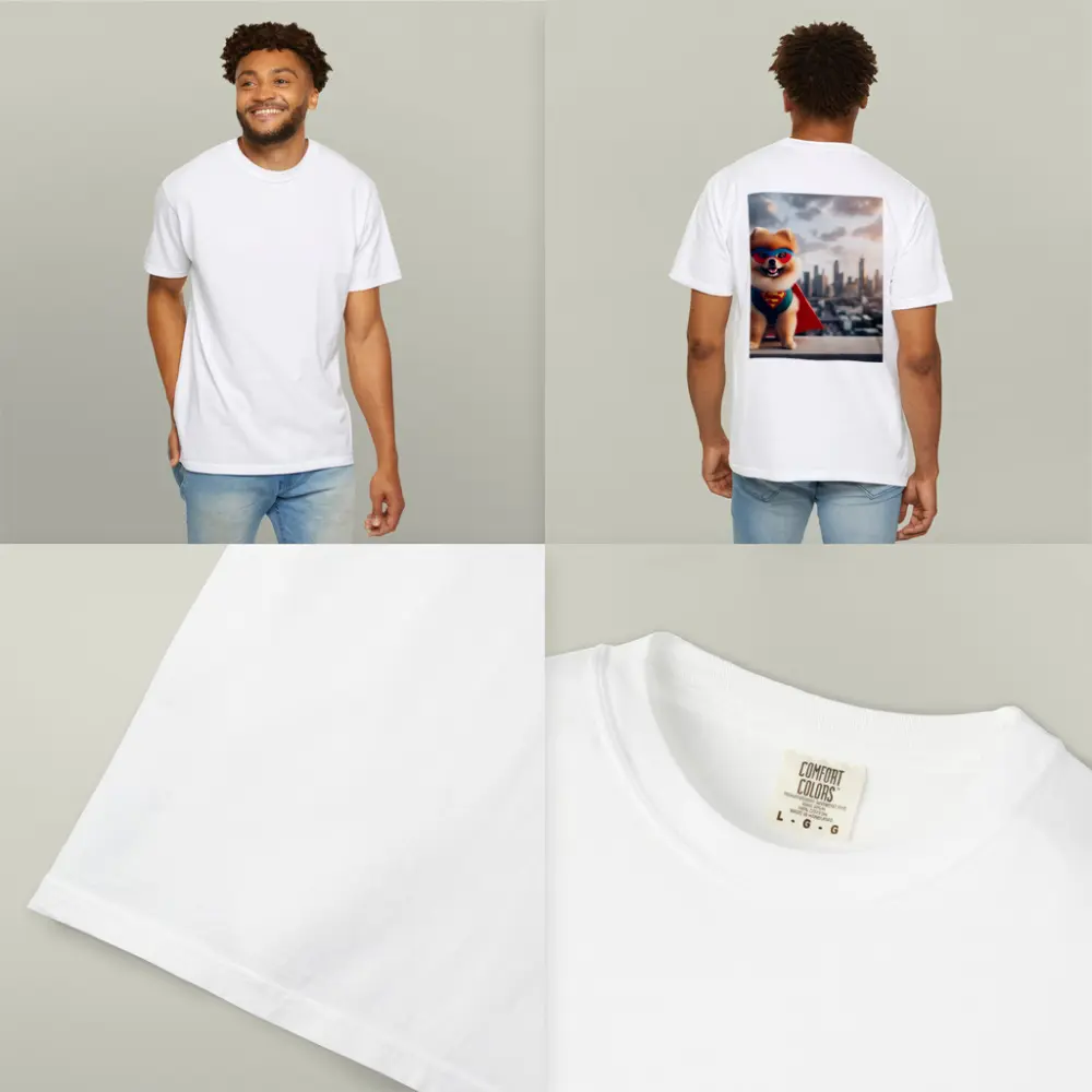 Pomeranian Superhero Cape City Skyline Background – T-Shirts