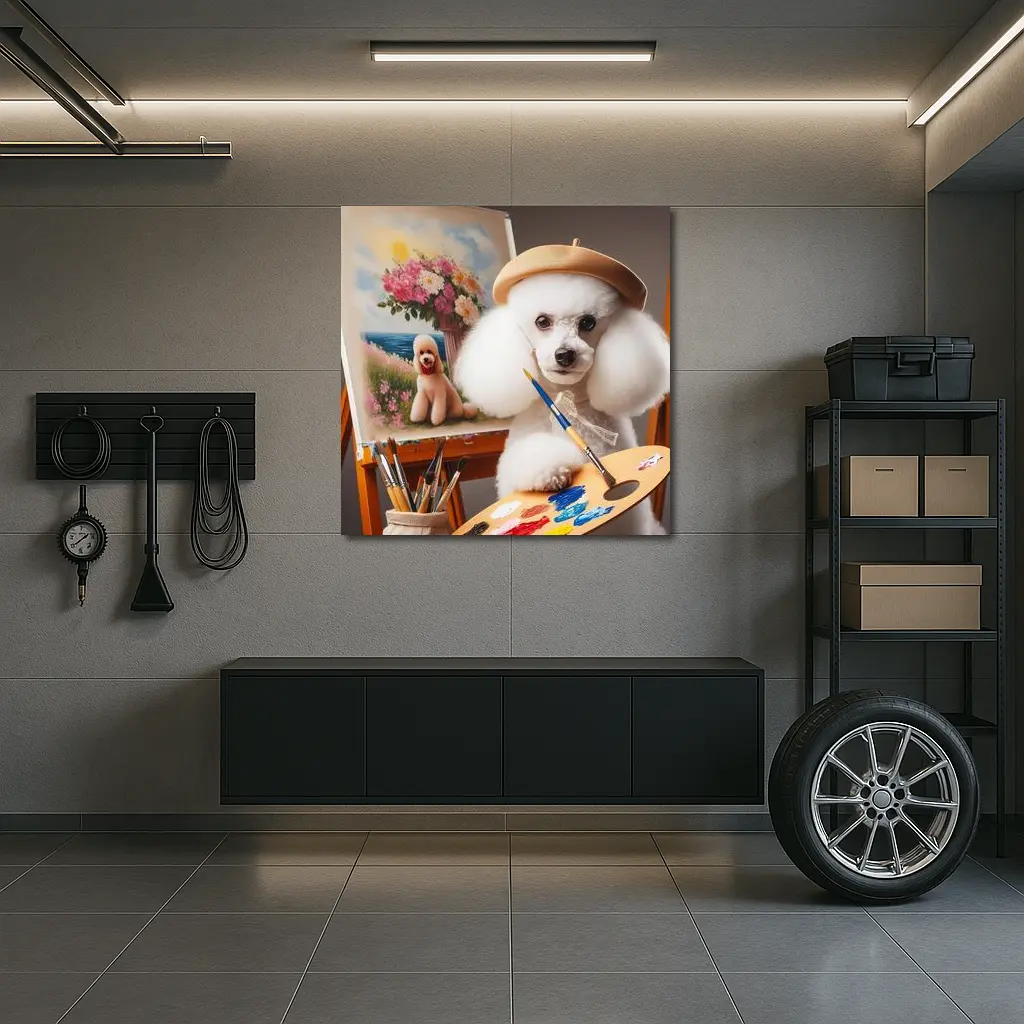 White Poodle Artist Painting on Easel – Wall Art