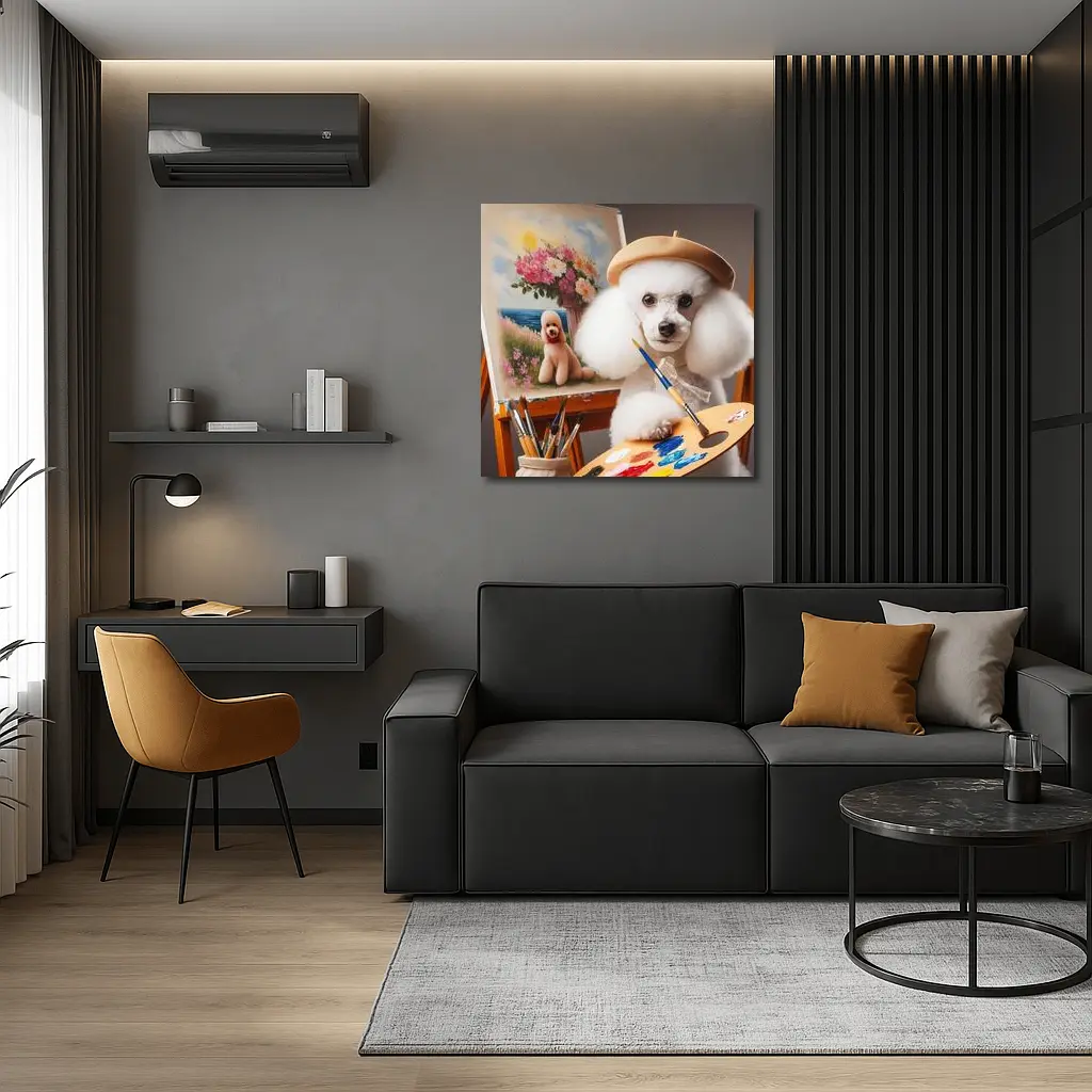 White Poodle Artist Painting on Easel – Wall Art