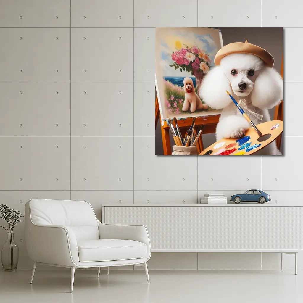 White Poodle Artist Painting on Easel – Wall Art