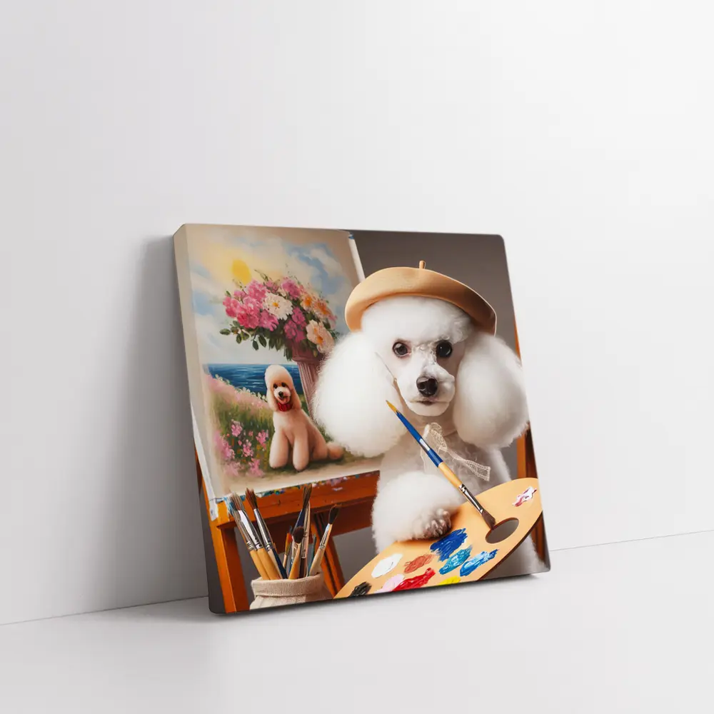 White Poodle Artist Painting on Easel – Wall Art