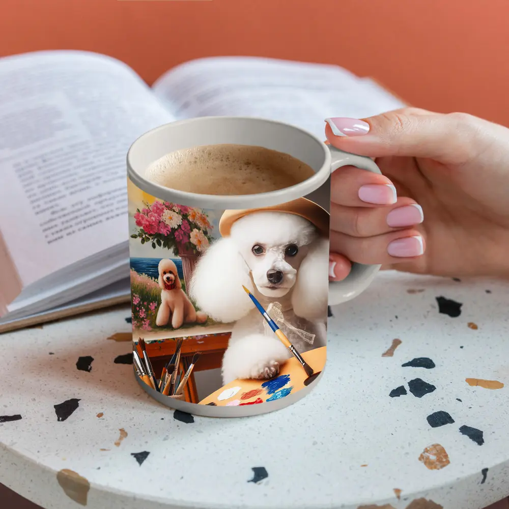 White Poodle Artist Painting on Easel – Mugs