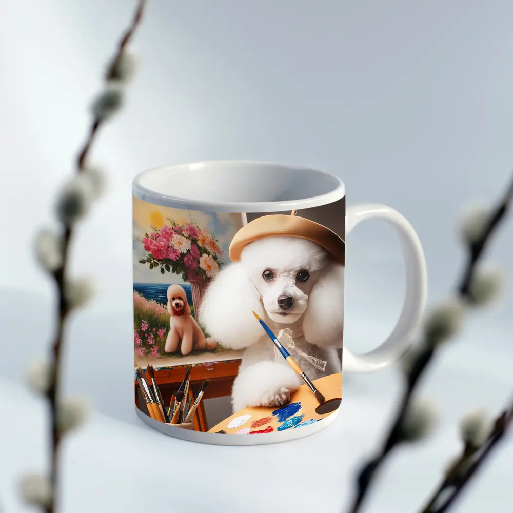 White Poodle Artist Painting on Easel – Mugs