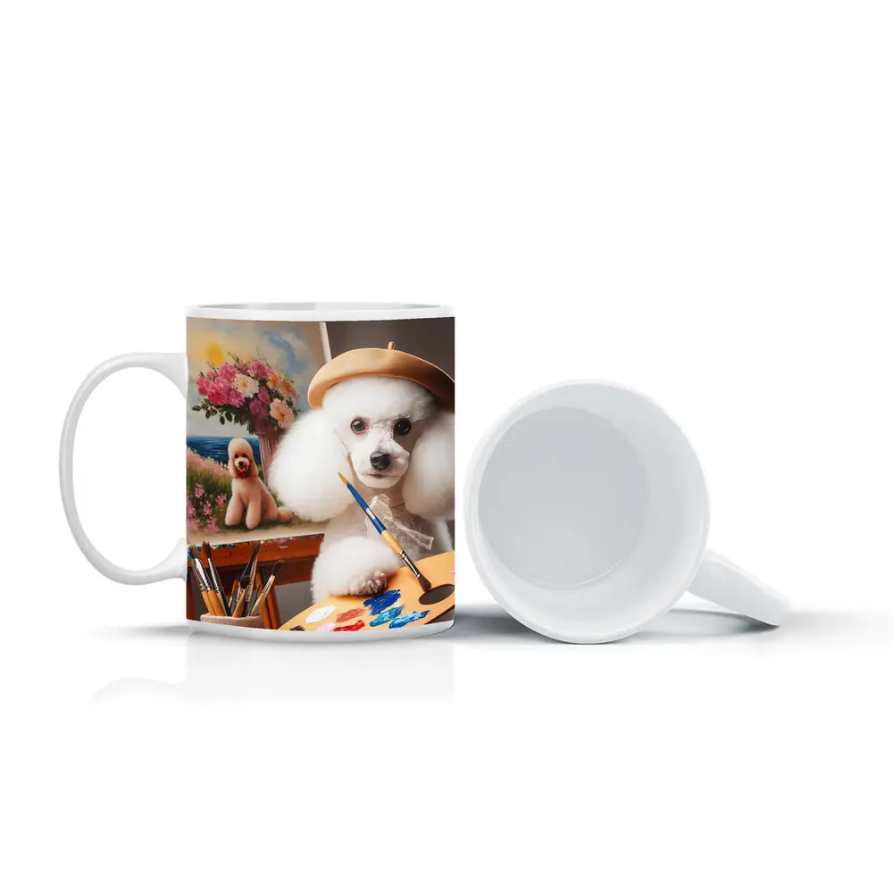 White Poodle Artist Painting on Easel – Mugs