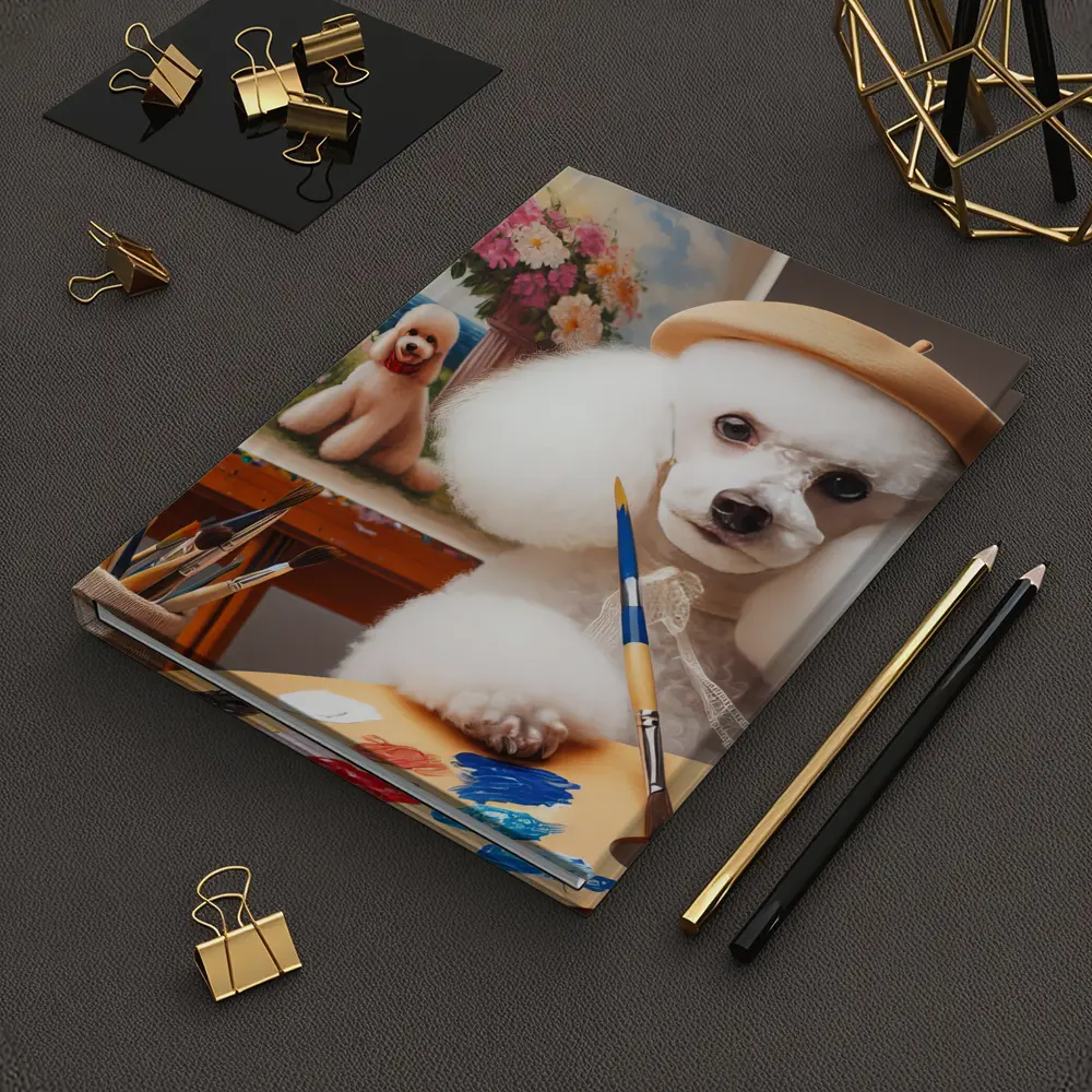 White Poodle Artist Painting on Easel – Notebooks