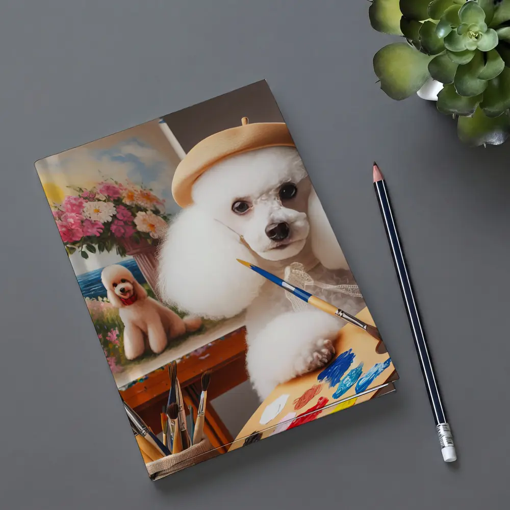 White Poodle Artist Painting on Easel – Notebooks