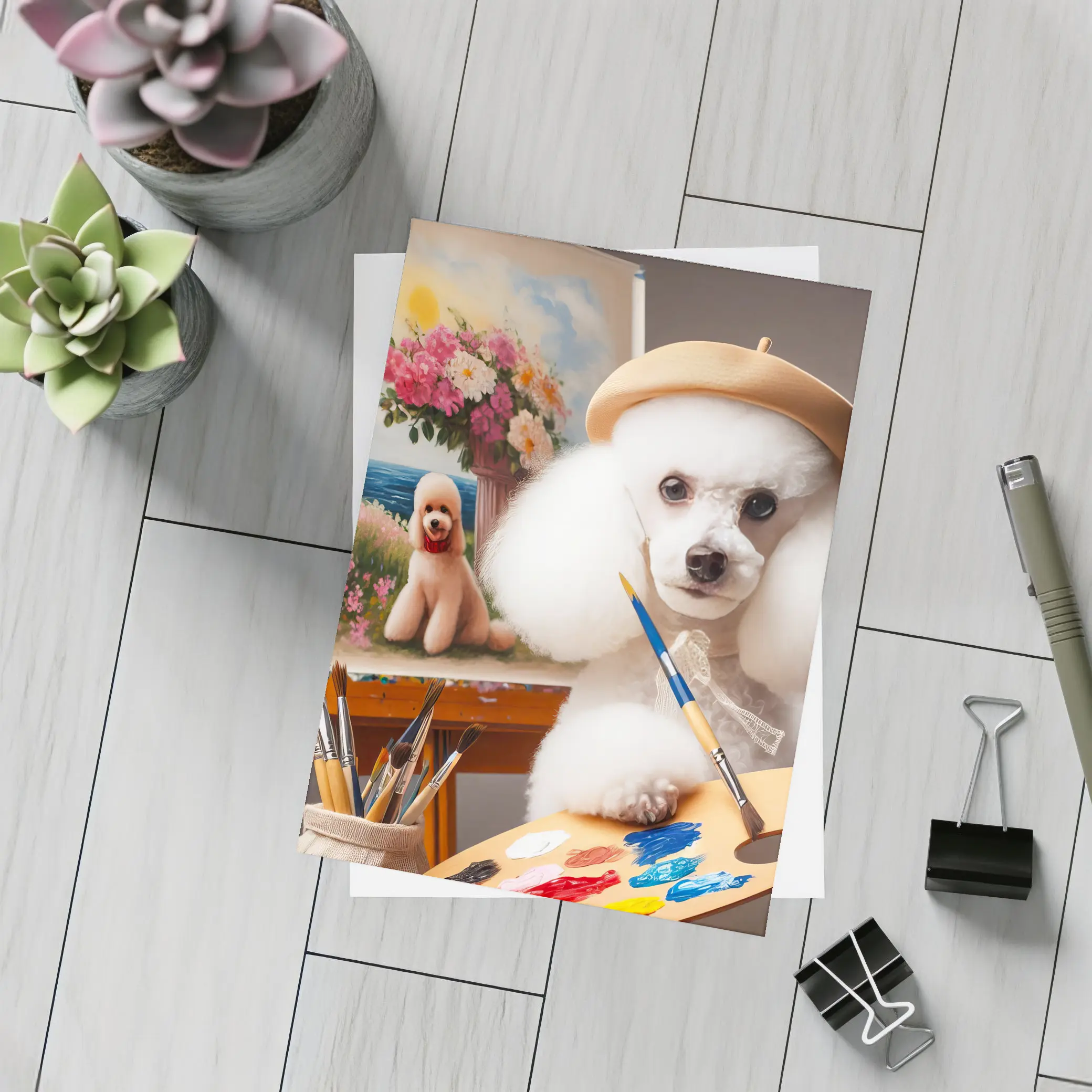 White Poodle Artist Painting on Easel – Postcards