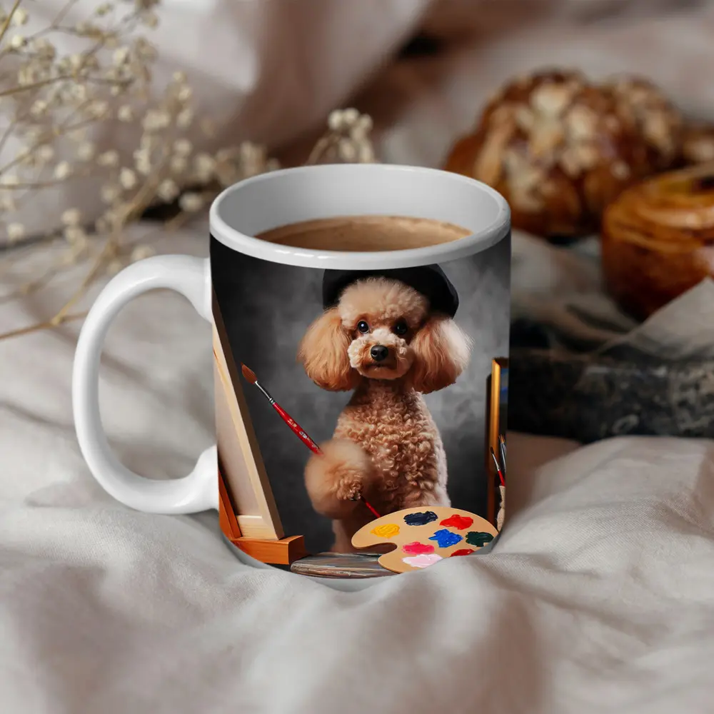 Poodle Artist Painting with Beret Hat – Mugs