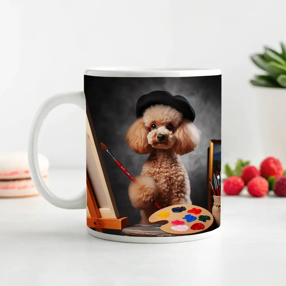 Poodle Artist Painting with Beret Hat – Mugs
