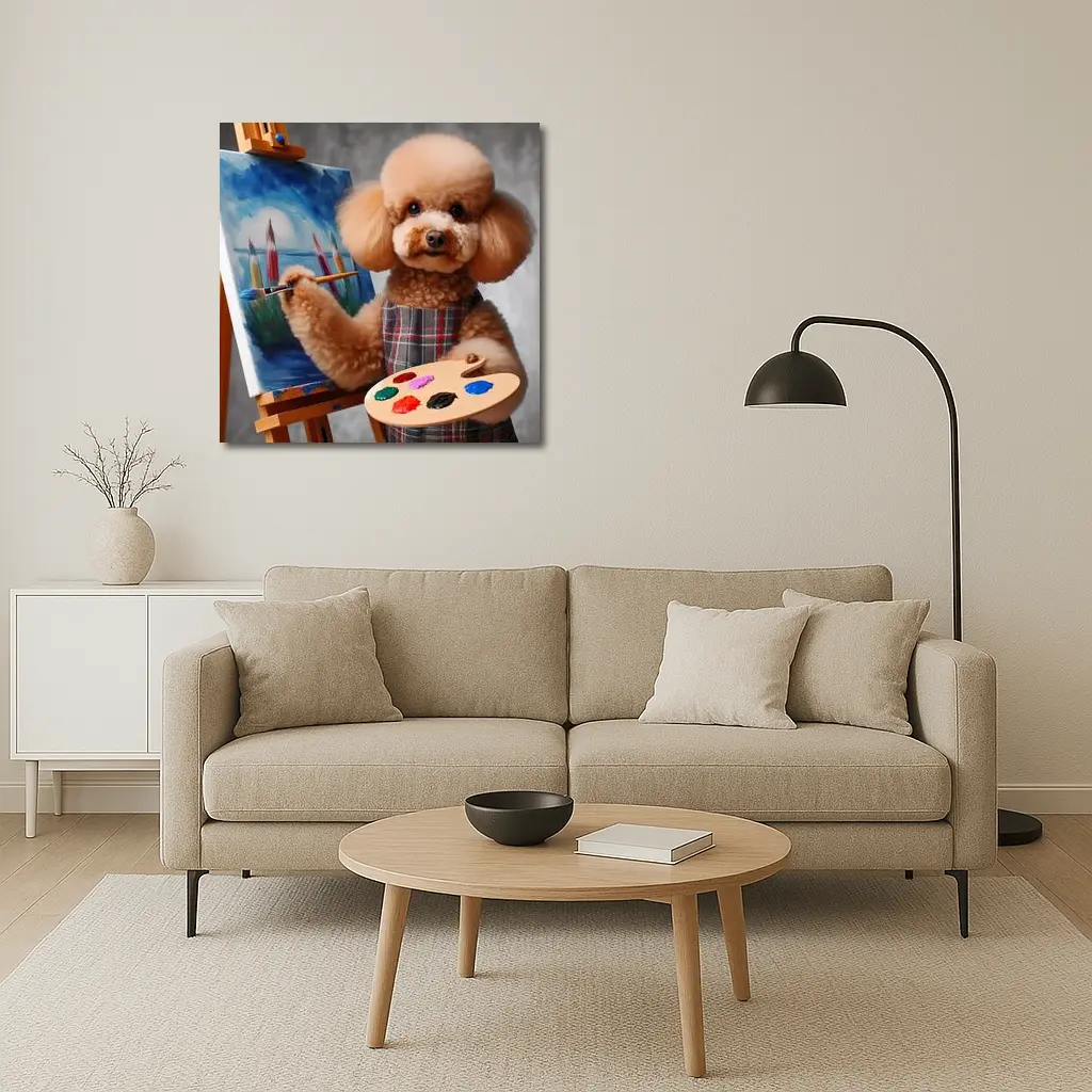 Poodle Artist Painting on Canvas Easel – Wall Art