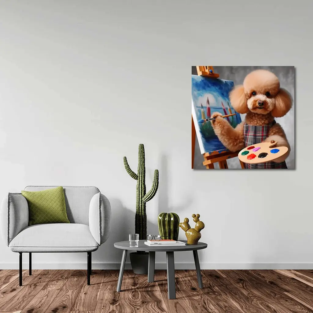Poodle Artist Painting on Canvas Easel – Wall Art