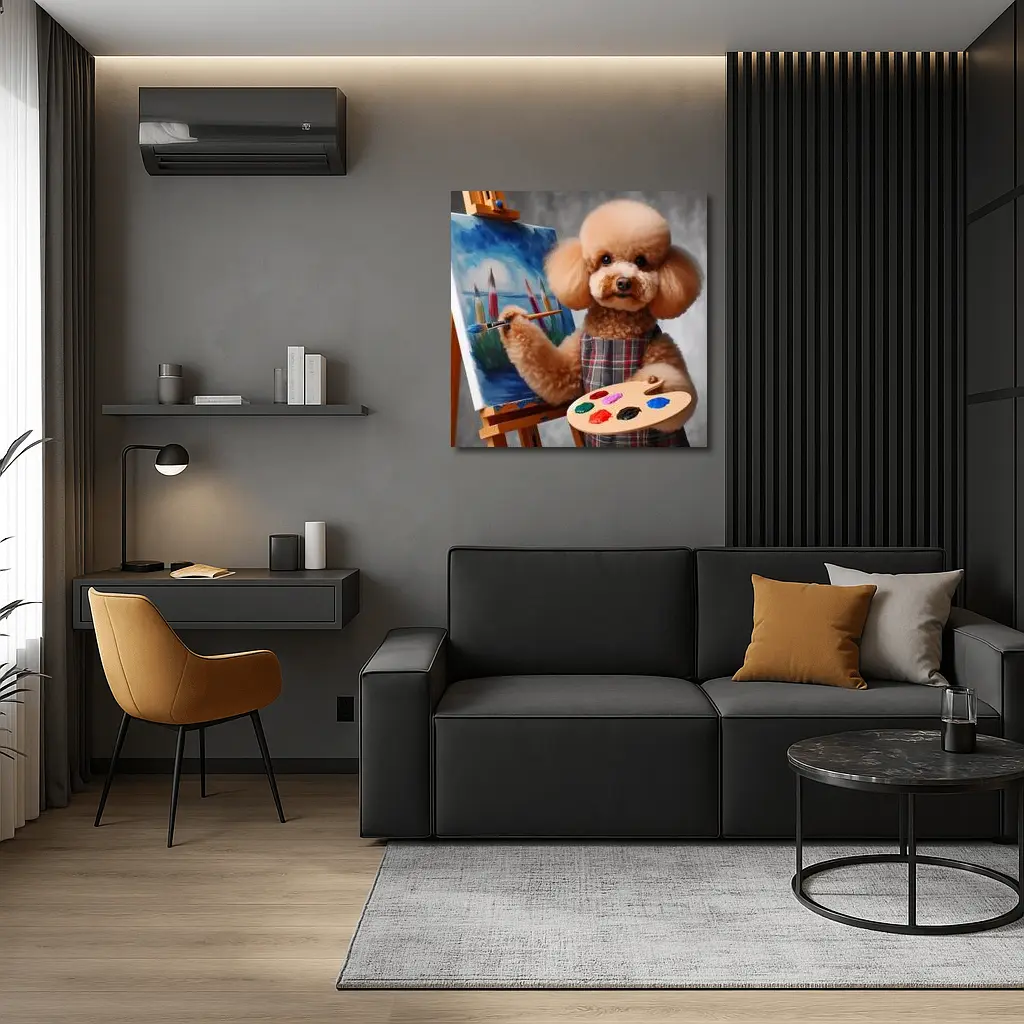 Poodle Artist Painting on Canvas Easel – Wall Art