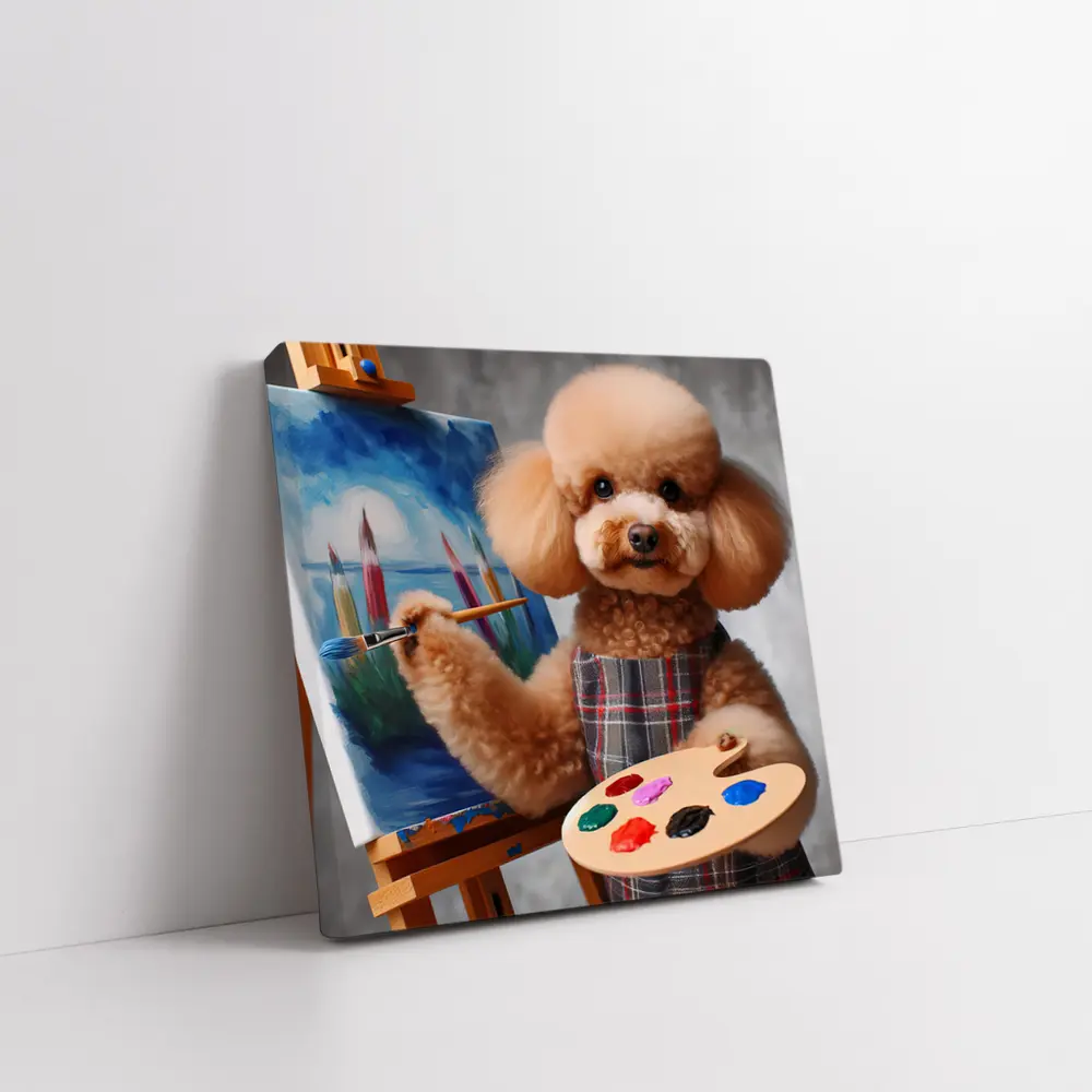 Poodle Artist Painting on Canvas Easel – Wall Art