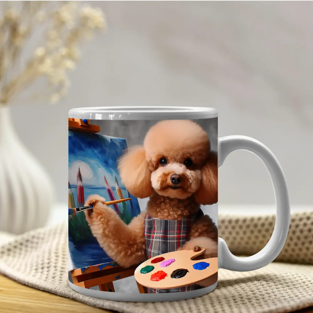 Poodle Artist Painting on Canvas Easel – Mugs
