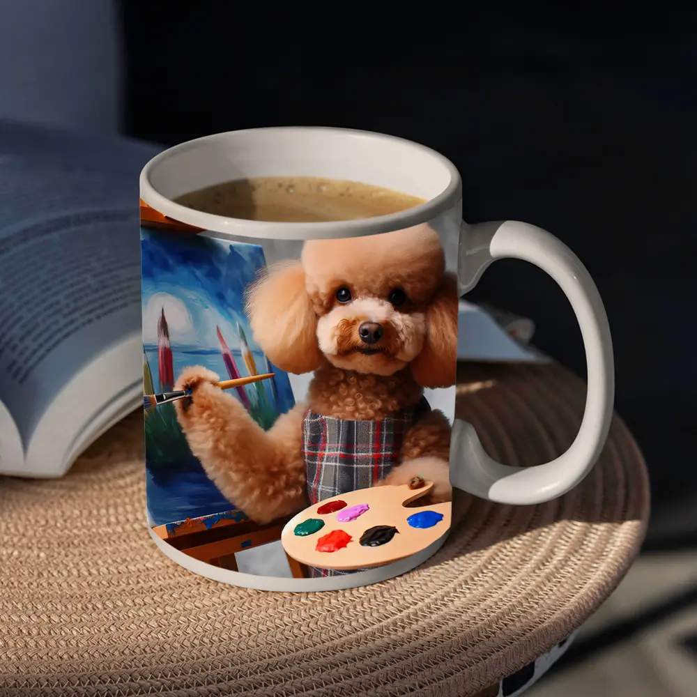 Poodle Artist Painting on Canvas Easel – Mugs