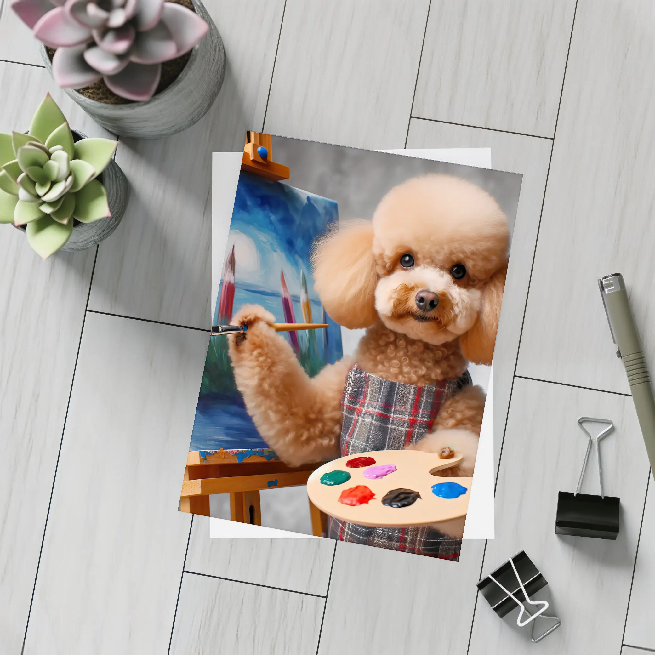 Poodle Artist Painting on Canvas Easel – Postcards