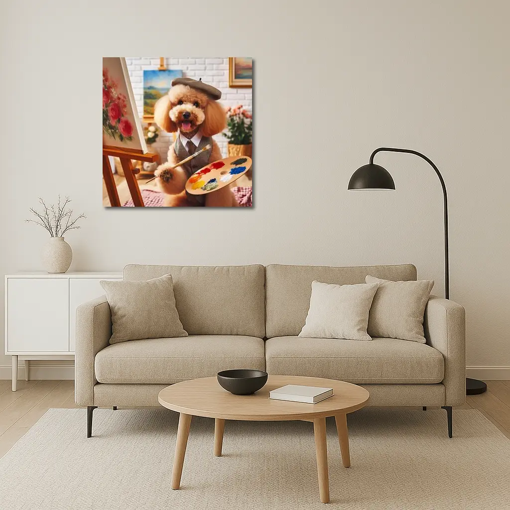 Poodle Artist Painting in Cozy Studio – Wall Art