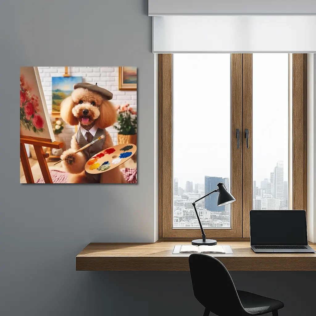 Poodle Artist Painting in Cozy Studio – Wall Art