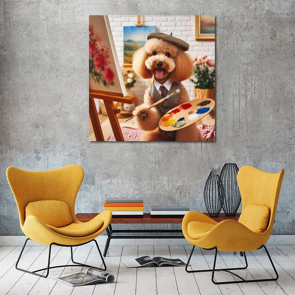 Poodle Artist Painting in Cozy Studio – Wall Art
