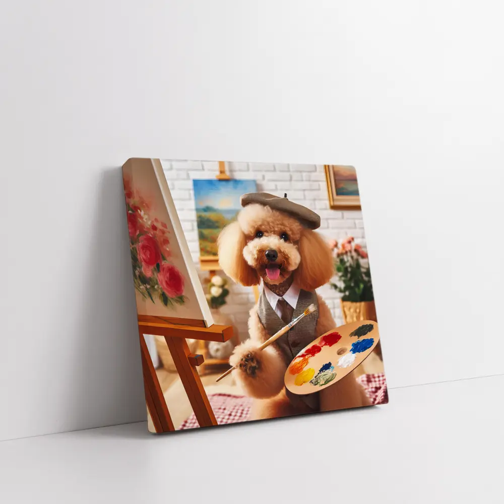 Poodle Artist Painting in Cozy Studio – Wall Art