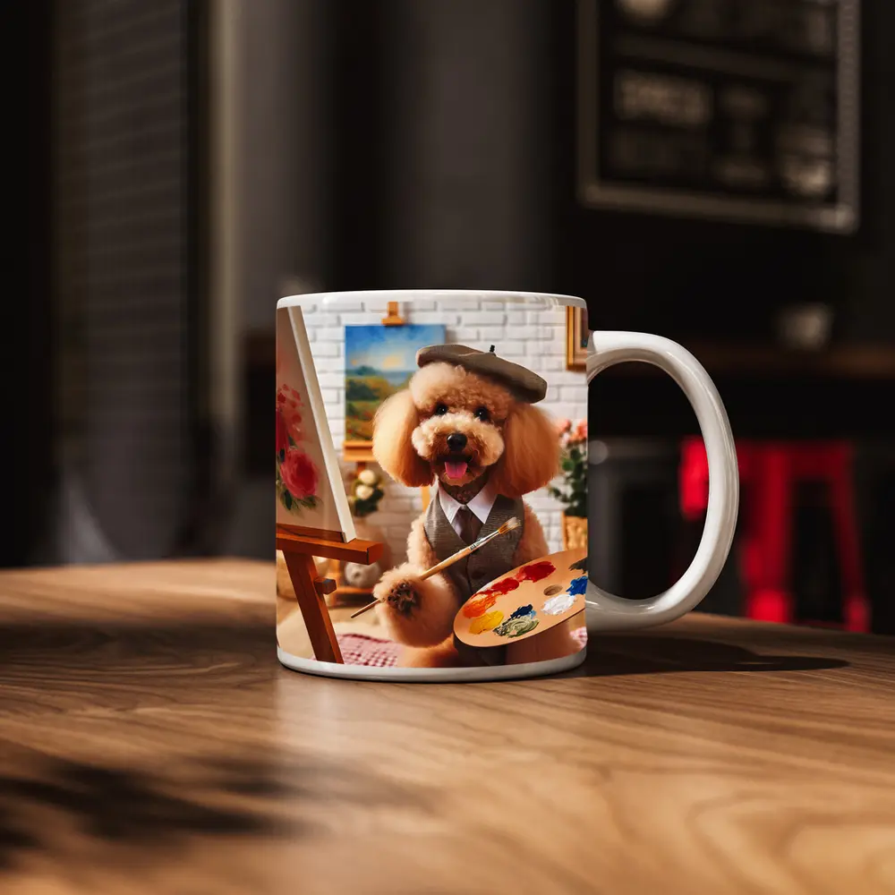 Poodle Artist Painting in Cozy Studio – Mugs