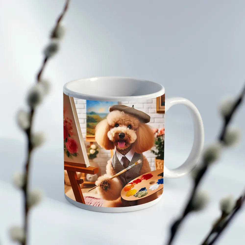Poodle Artist Painting in Cozy Studio – Mugs