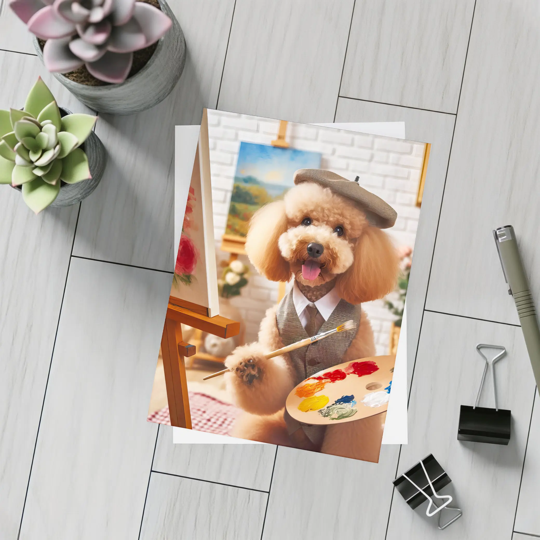 Poodle Artist Painting in Cozy Studio – Postcards