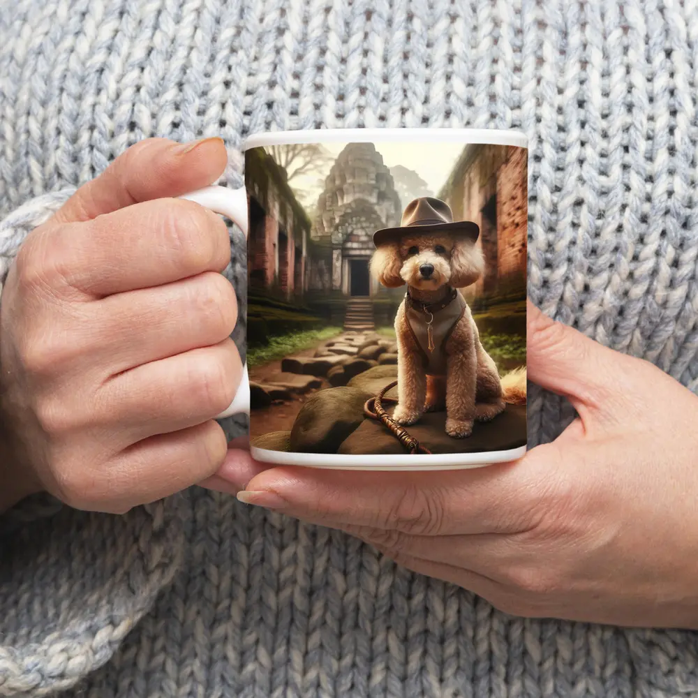 Poodle Dog Explorer Hat Ancient Temple Ruins – Mugs