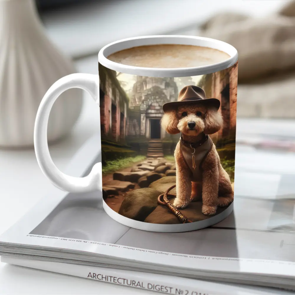 Poodle Dog Explorer Hat Ancient Temple Ruins – Mugs