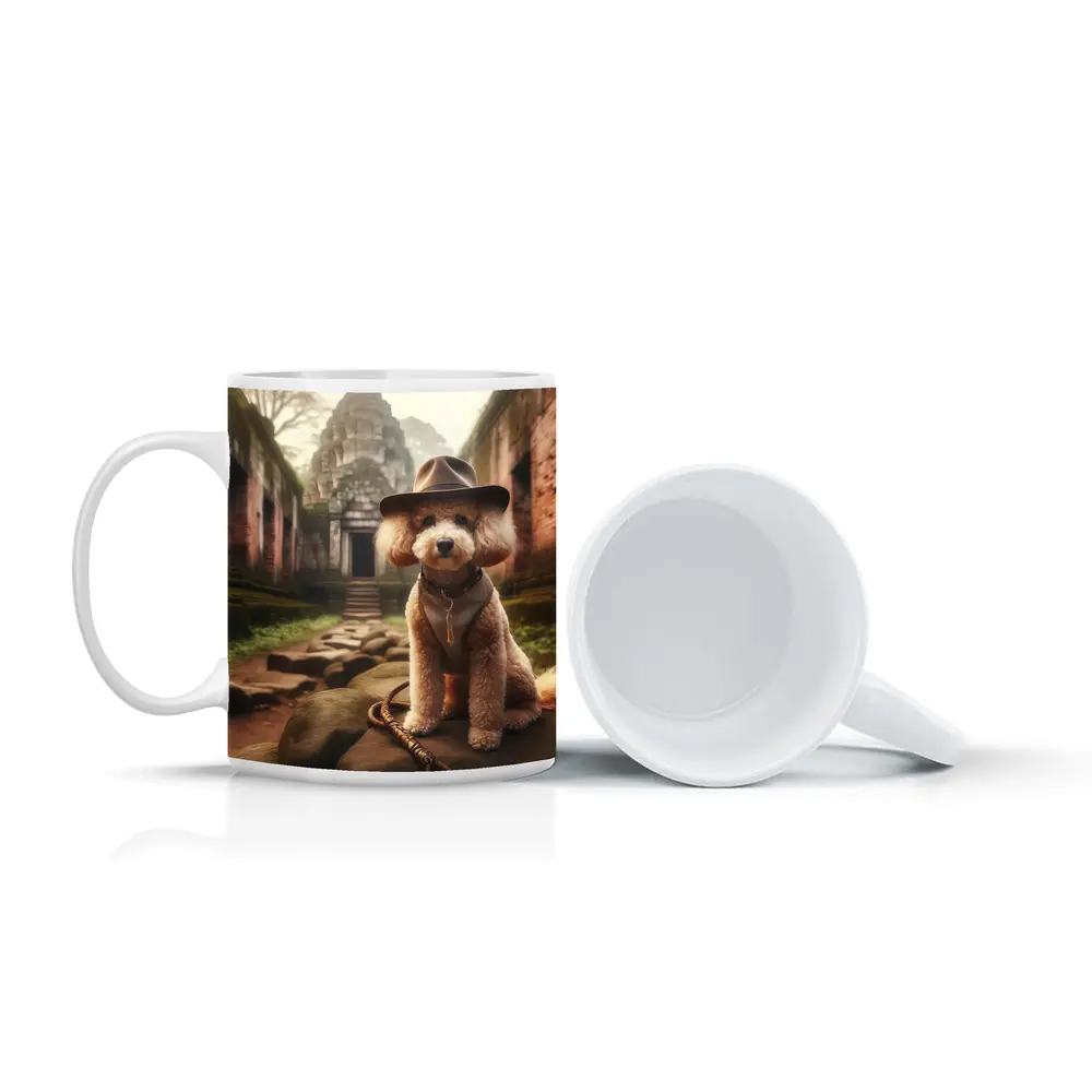 Poodle Dog Explorer Hat Ancient Temple Ruins – Mugs