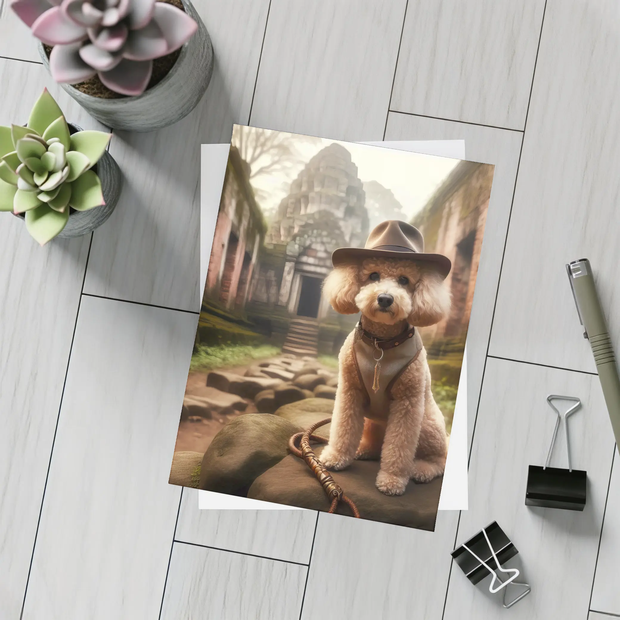 Poodle Dog Explorer Hat Ancient Temple Ruins – Postcards