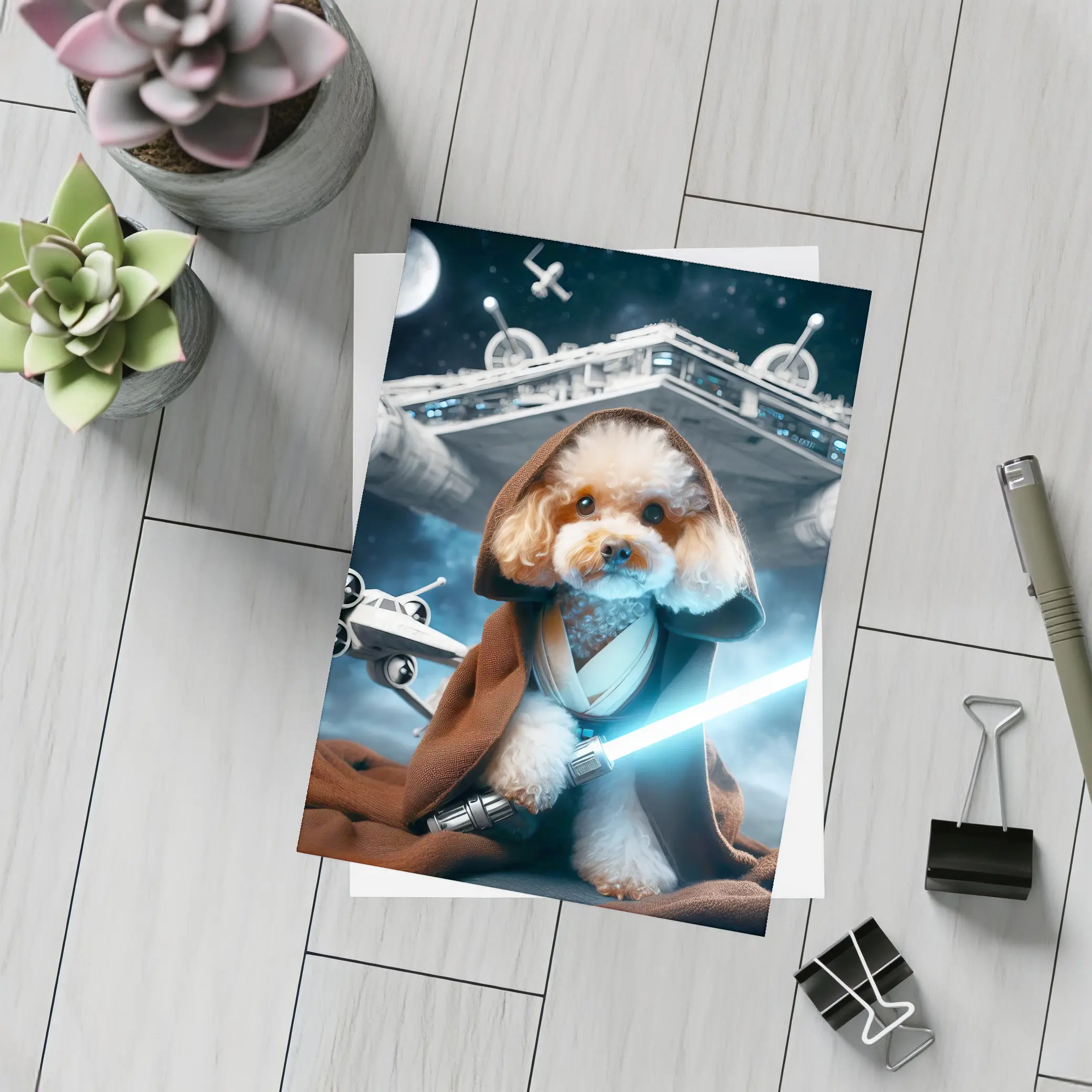 Poodle Jedi Knight Space Battle Scene – Postcards