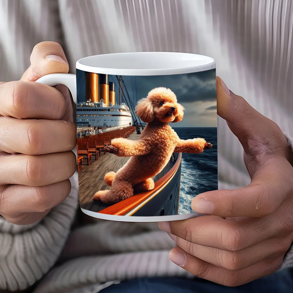 Poodle Dog Posing on Ocean Cruise Ship – Mugs