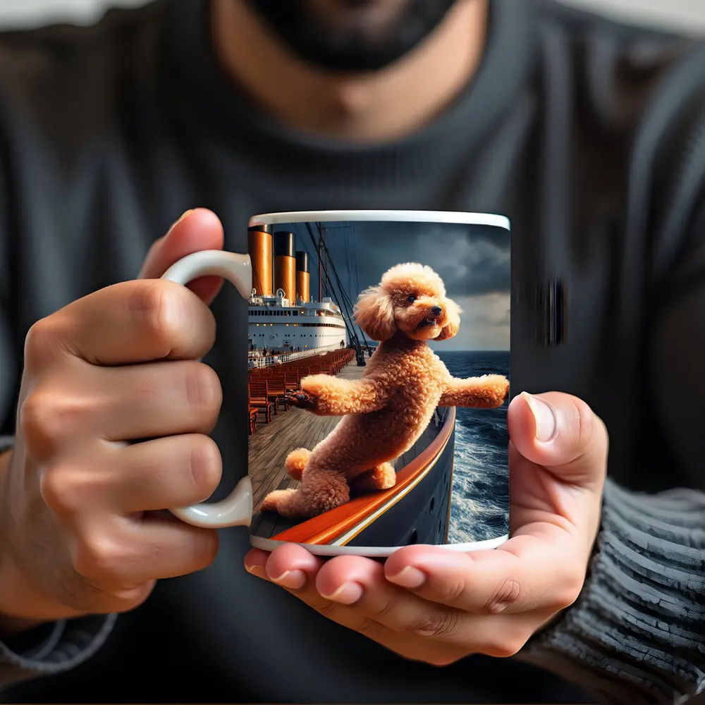 Poodle Dog Posing on Ocean Cruise Ship – Mugs