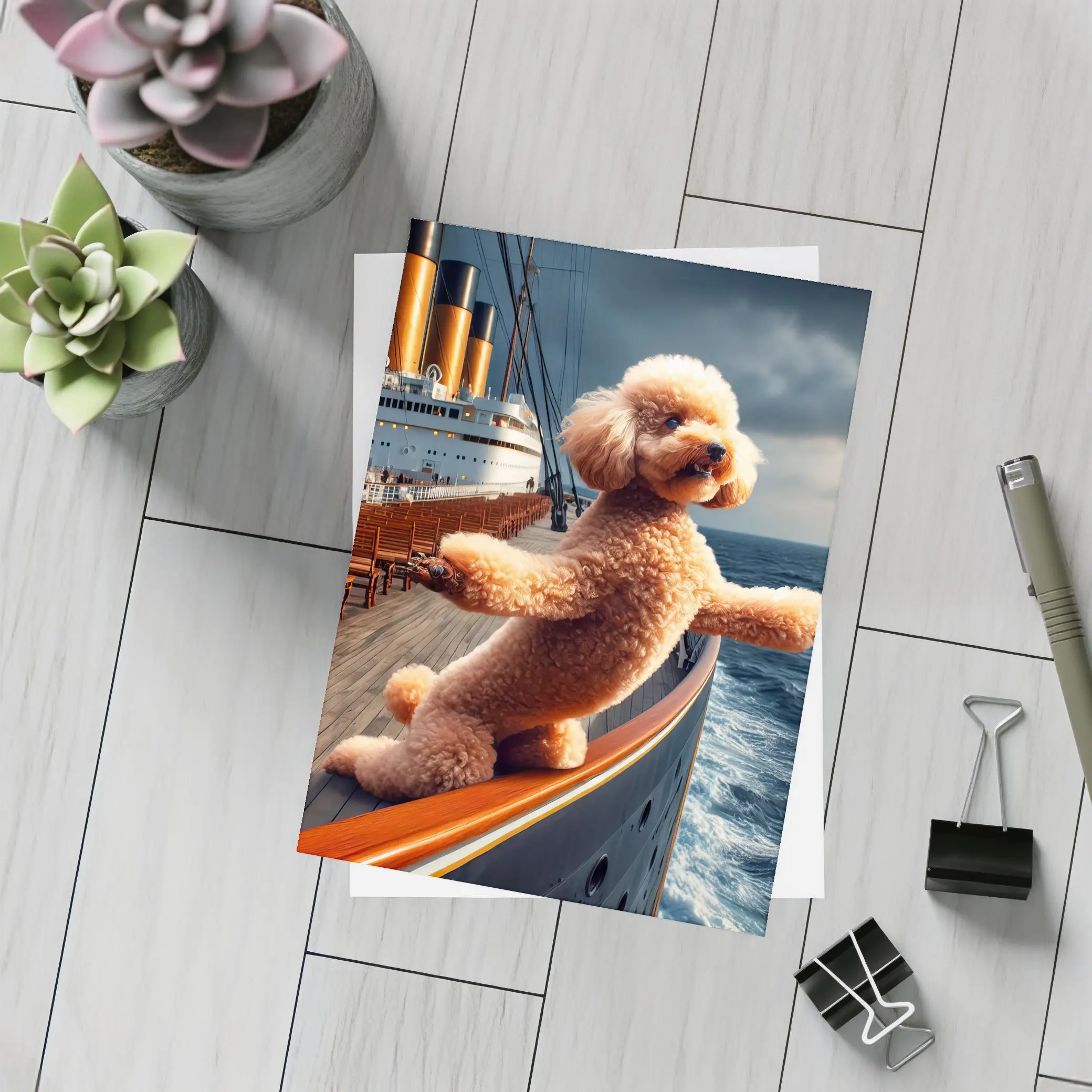 Poodle Dog Posing on Ocean Cruise Ship – Postcards