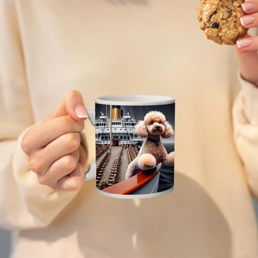 Poodle Dog Posing on Ocean Cruise Ship – Mugs