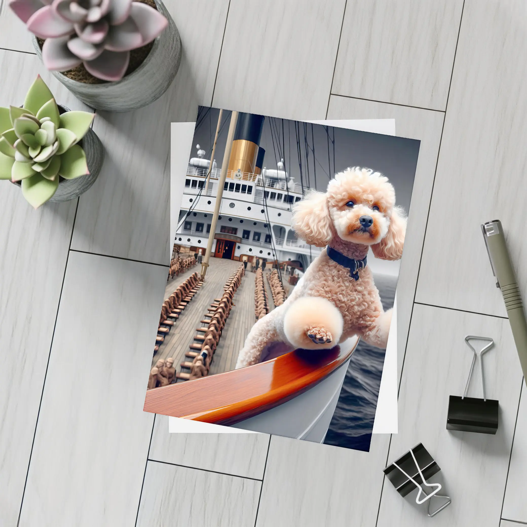 Poodle Dog Posing on Ocean Cruise Ship – Postcards