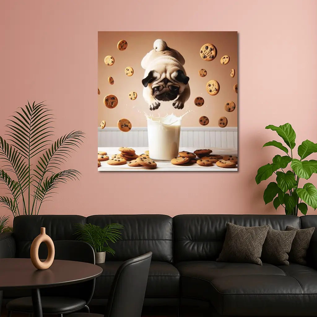 Pug Dog Diving Into Milk Glass Cookies – Wall Art