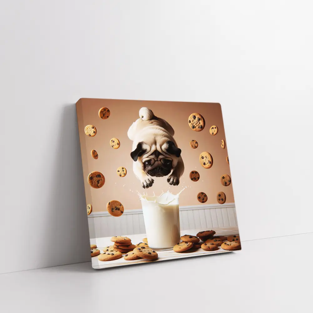 Pug Dog Diving Into Milk Glass Cookies – Wall Art