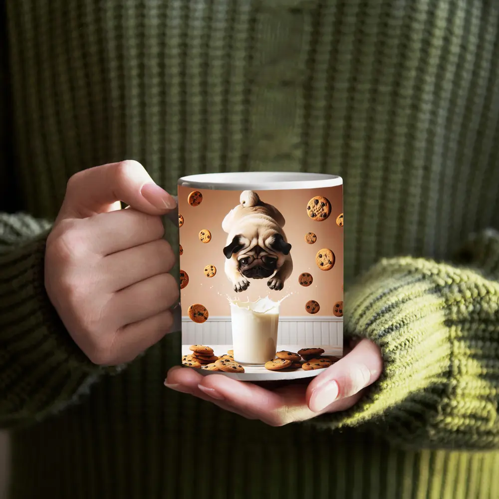 Pug Dog Diving Into Milk Glass Cookies – Mugs