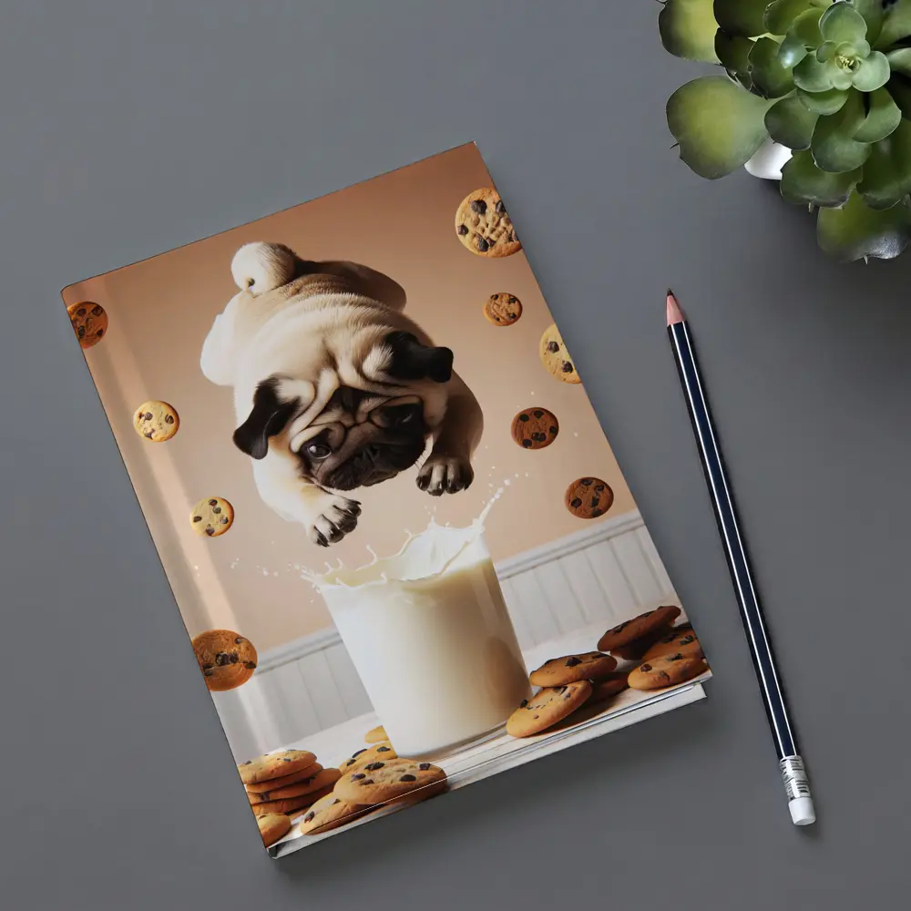 Pug Dog Diving Into Milk Glass Cookies – Notebooks