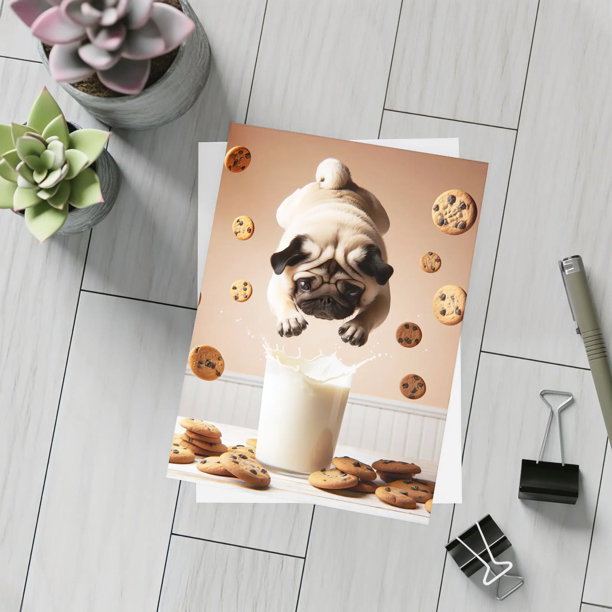 Pug Dog Diving Into Milk Glass Cookies – Postcards