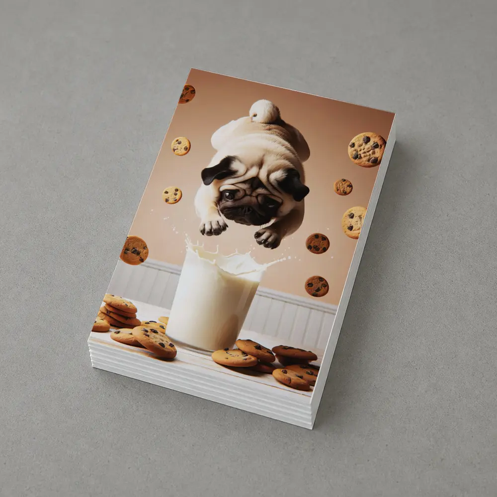 Pug Dog Diving Into Milk Glass Cookies – Postcards