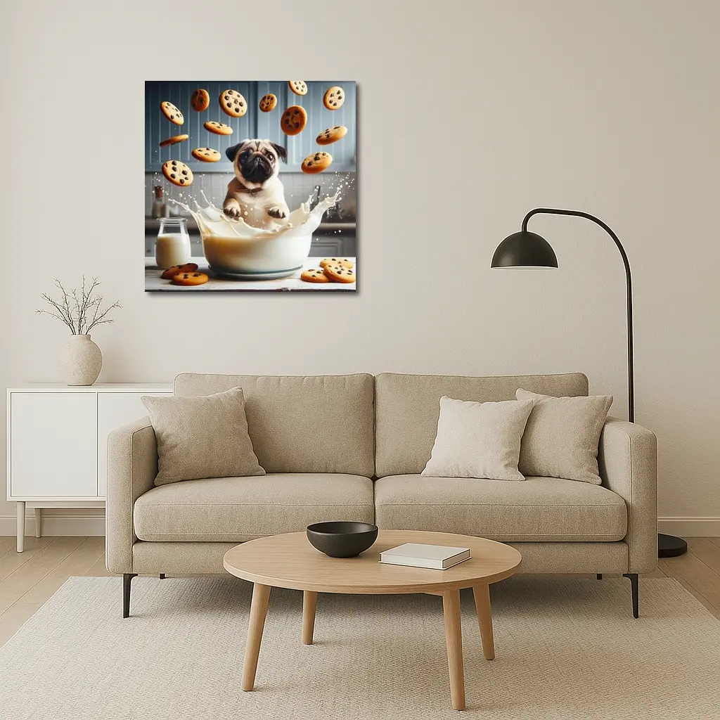 Pug Puppy Splashing Milk With Cookies – Wall Art