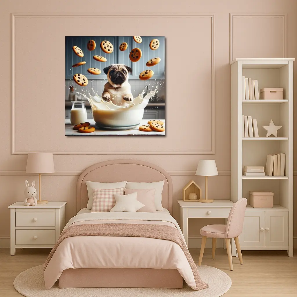 Pug Puppy Splashing Milk With Cookies – Wall Art