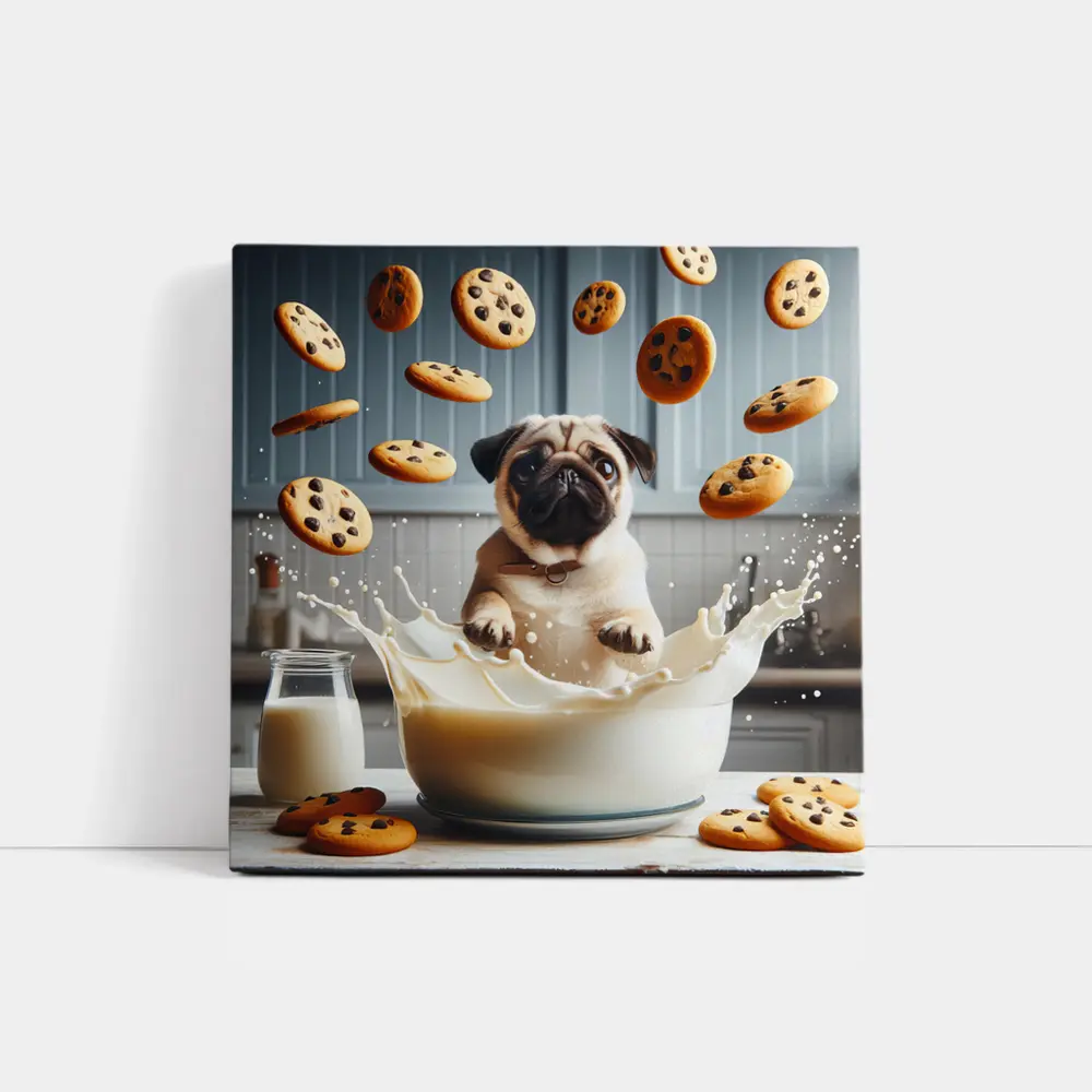 Pug Puppy Splashing Milk With Cookies – Wall Art