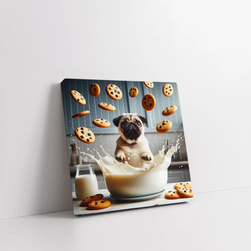 Pug Puppy Splashing Milk With Cookies – Wall Art