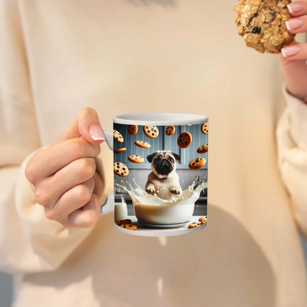 Pug Puppy Splashing Milk With Cookies – Mugs