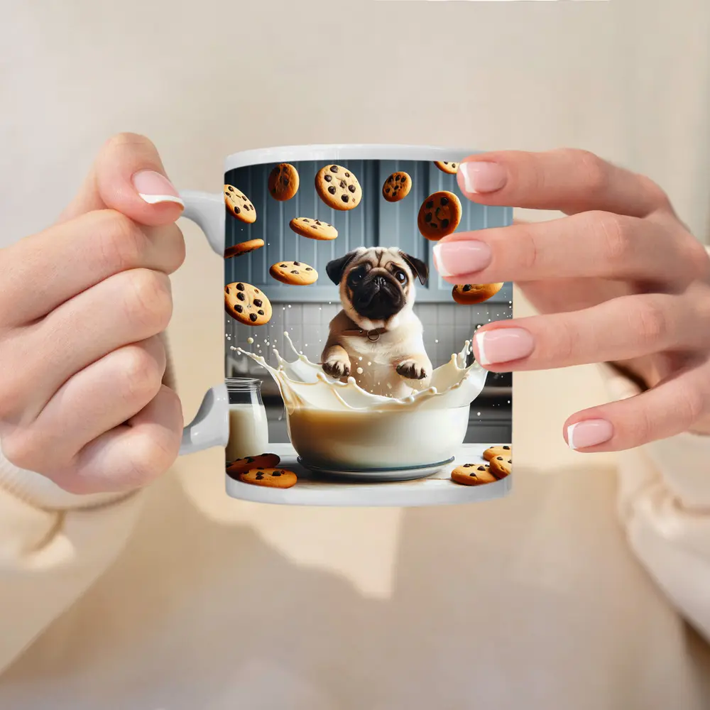 Pug Puppy Splashing Milk With Cookies – Mugs